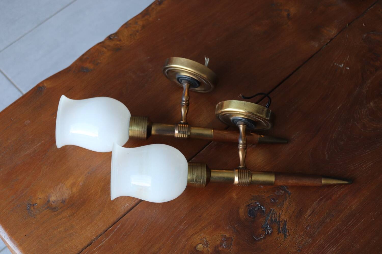 Pair of vintage Lunel house wood and brass wall lights