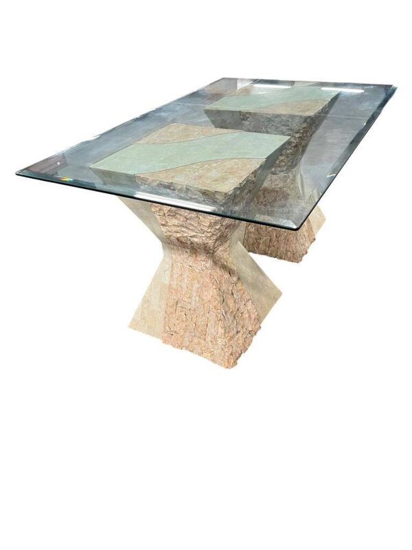 table à manger vintage en pierre avec plateau en verre