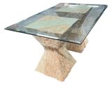 vintage stone dining table with glass top