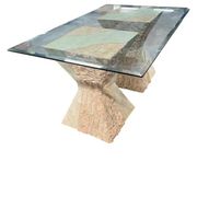 vintage stone dining table with glass top