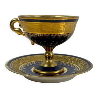 Cup and saucer in Limoges porcelain cobalt blue and gold - circa 1950