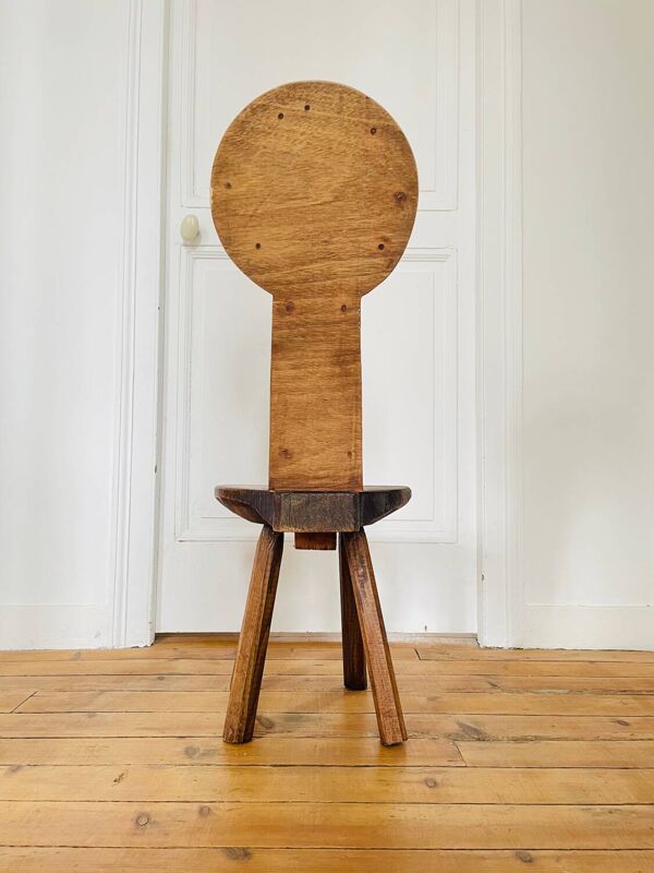 Ancienne chaise brutaliste en pin et chêne