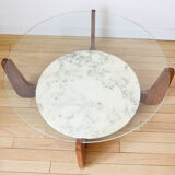 Table basse Hugues Poignant marbre, verre et teck années 60