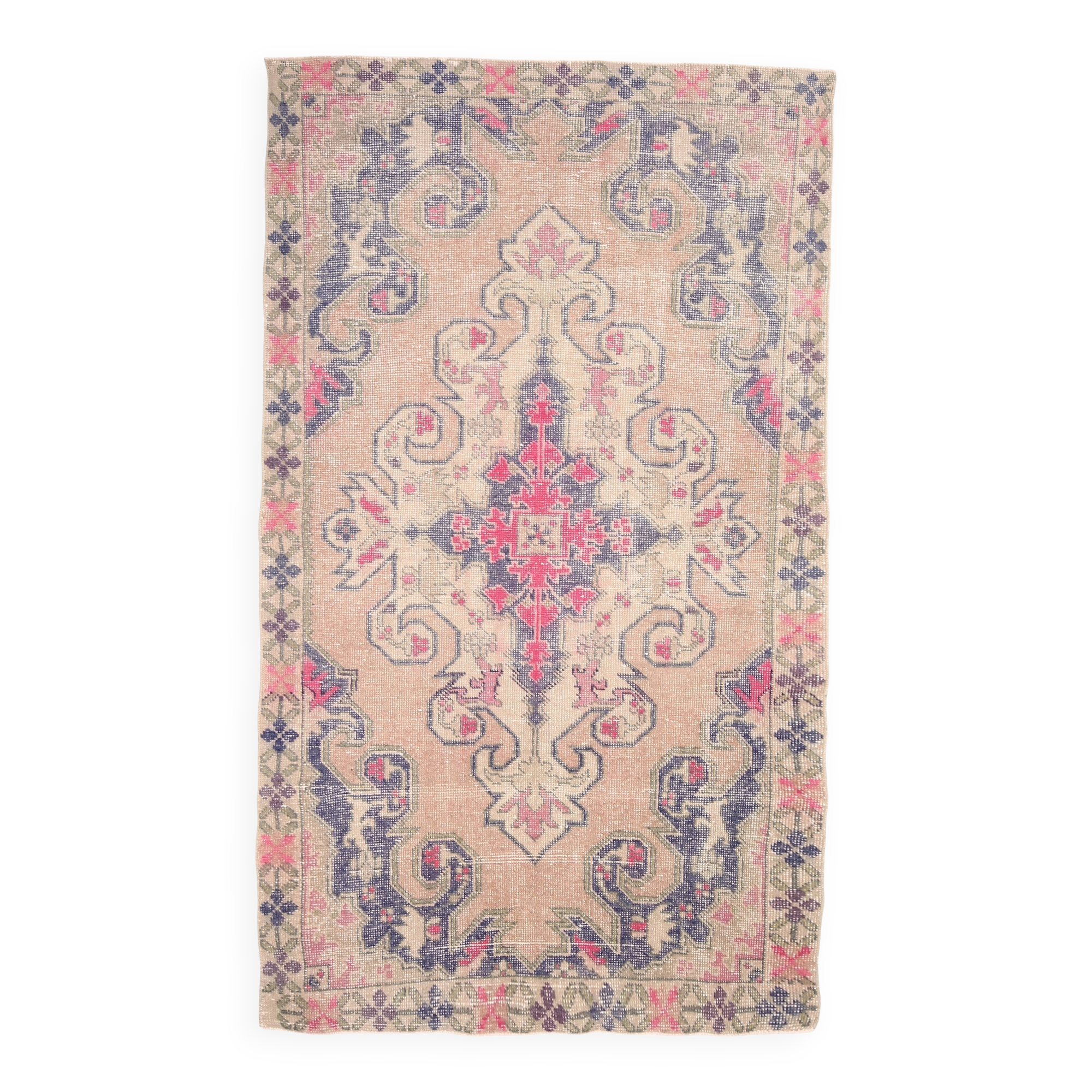 Turkish Cream Pink Oriental Vintage Rug, 121x208Cm