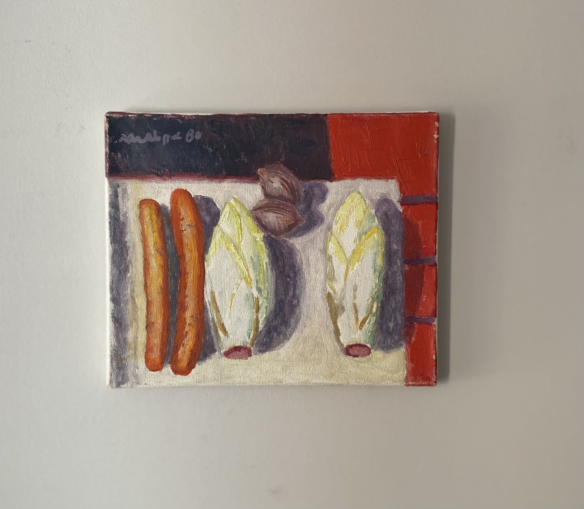 Old painting, still life with endive nuts and sausages, signed and dated 80