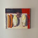 Old painting, still life with endive nuts and sausages, signed and dated 80