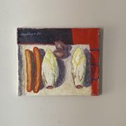 Old painting, still life with endive nuts and sausages, signed and dated 80