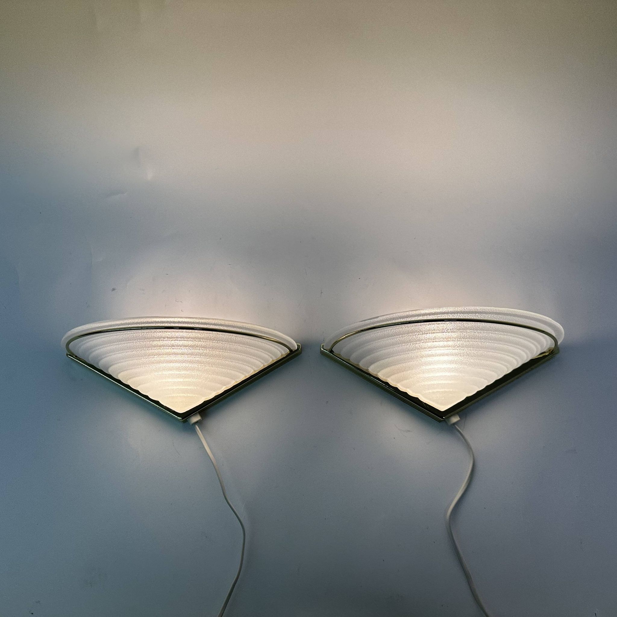 Set of 2 vintage glass wall lamps with golden holder , 1970’s