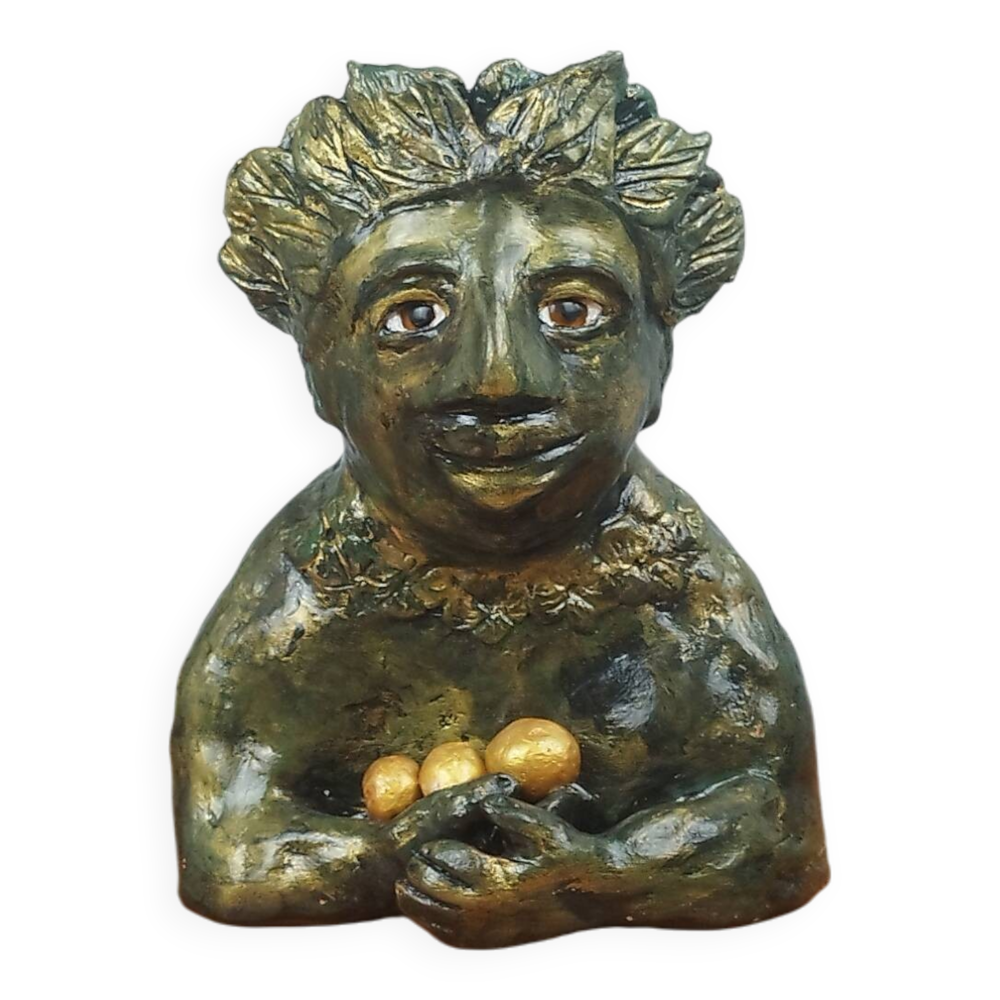 Clay sculpture of mother nature holding eggs, vintage modern figurative art