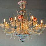 Lustre vénitien en verre de Murano bleu et rose, 8 bras de lumière, vers 19