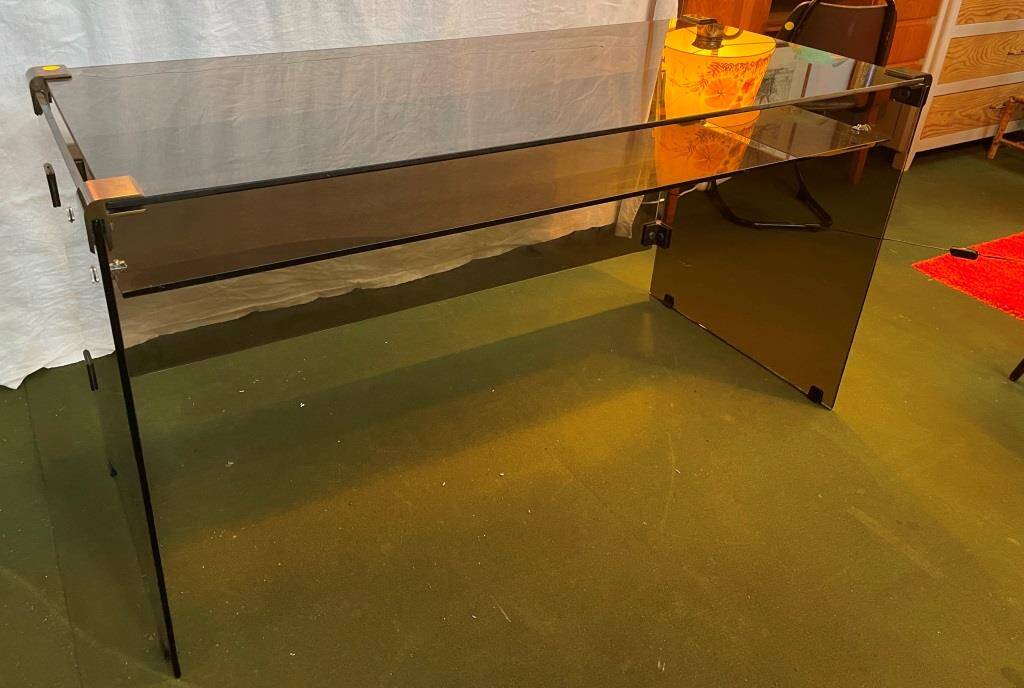 Smoked glass and metal desk, 1970s.