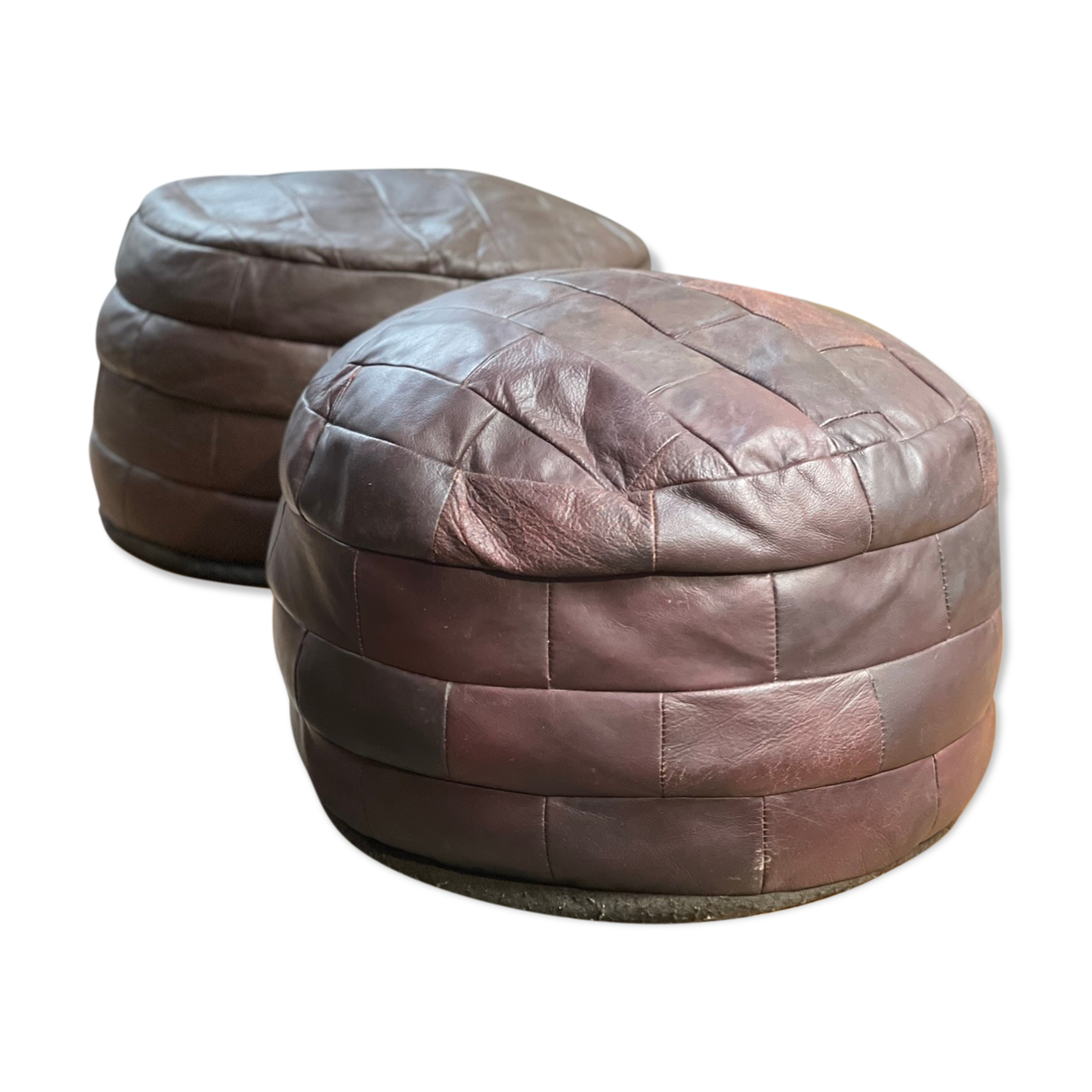 Paire de poufs vintage en patchwork de cuir brun par de sède, 1970