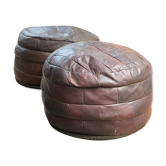 Paire de poufs vintage en patchwork de cuir brun par de sède, 1970