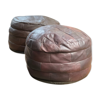 Paire de poufs vintage en patchwork de cuir brun par de sède, 1970
