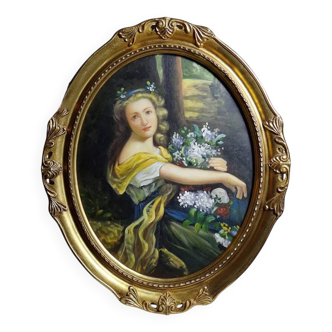 Huile sur toile, portrait médaillon, cadre en bois et stuc dorés vintage