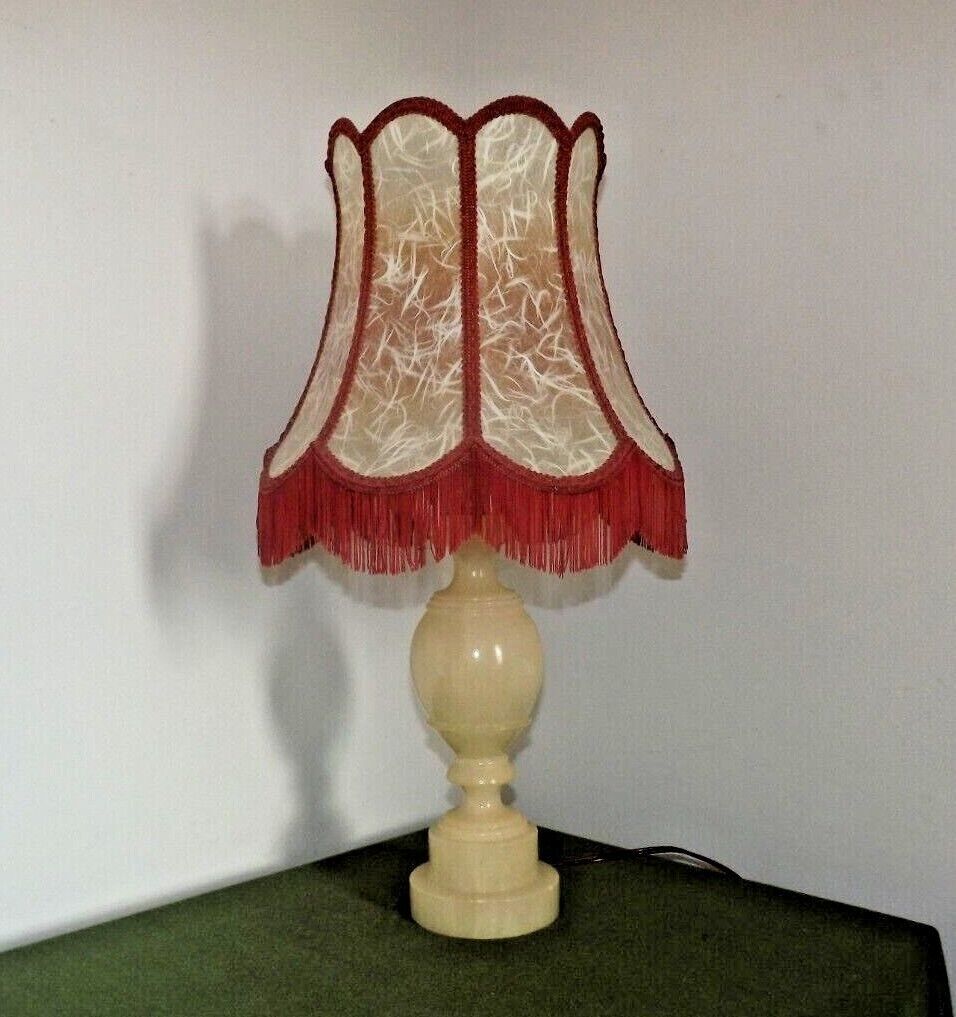 French vintage round marble table lamp with hide skin decorative shade