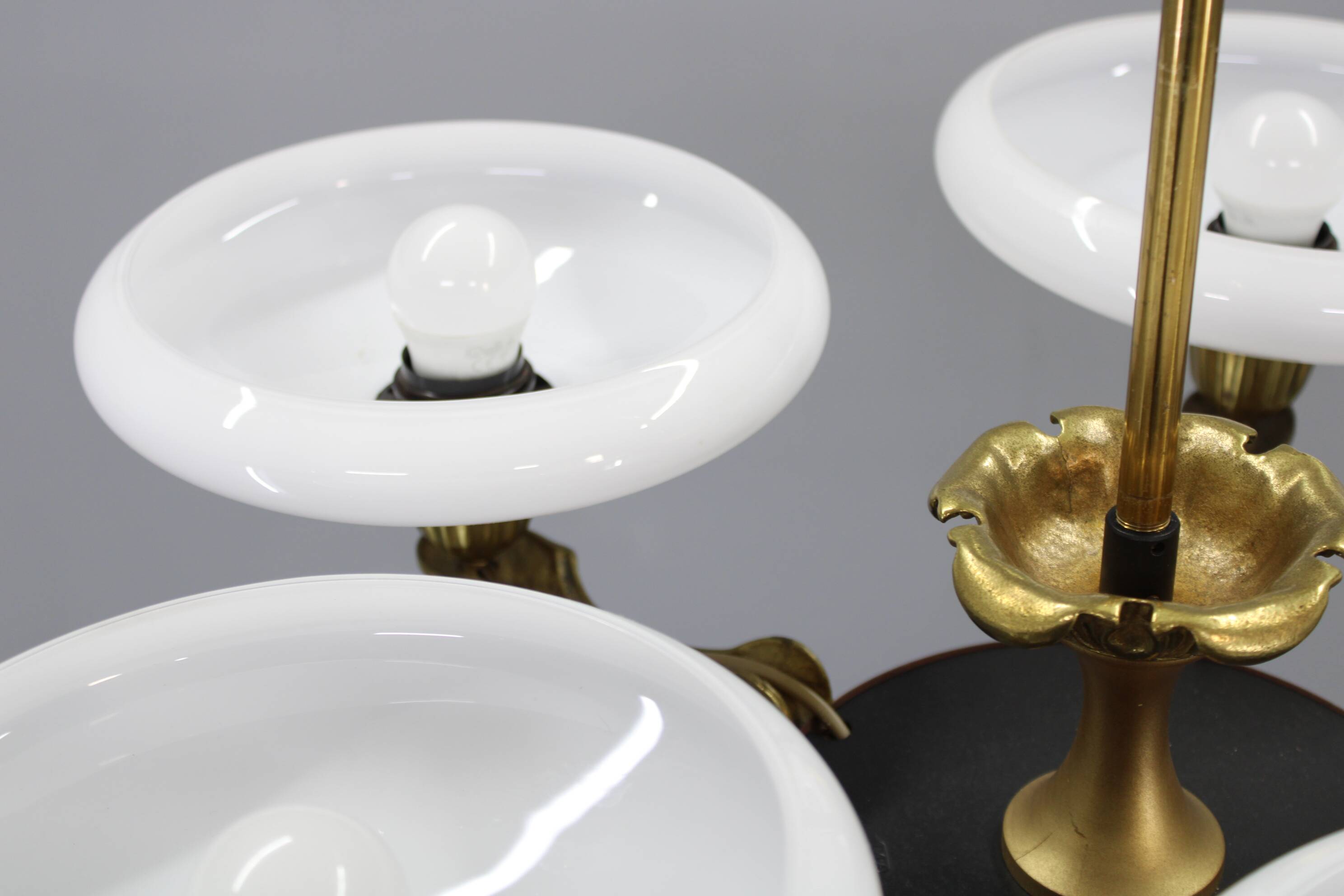 Art Deco six-light chandelier in chrome, brass and opaline glass