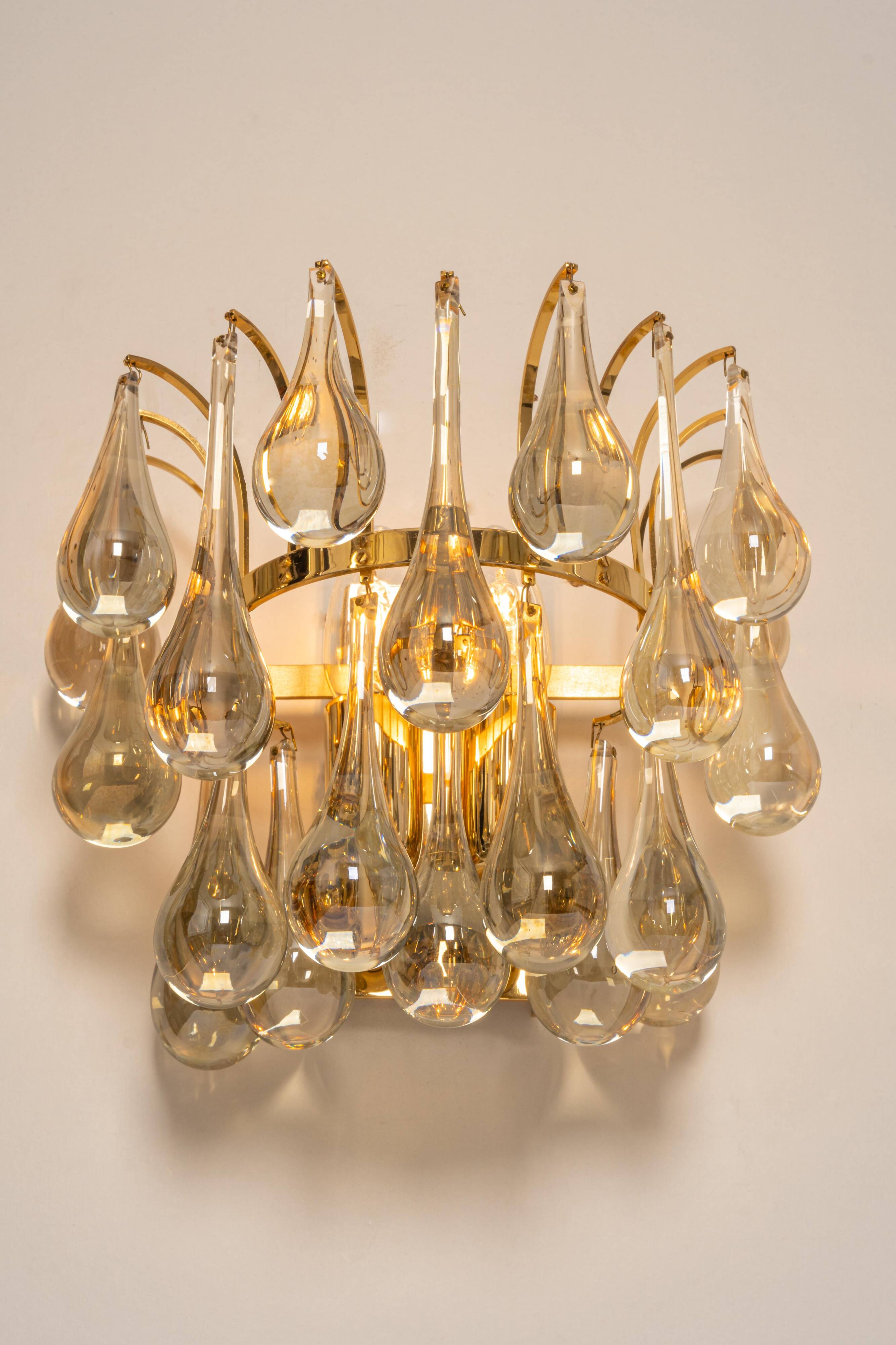 Large Pair of Gilded Brass and Crystal Wall Lights by Palwa, Germany, 1970s