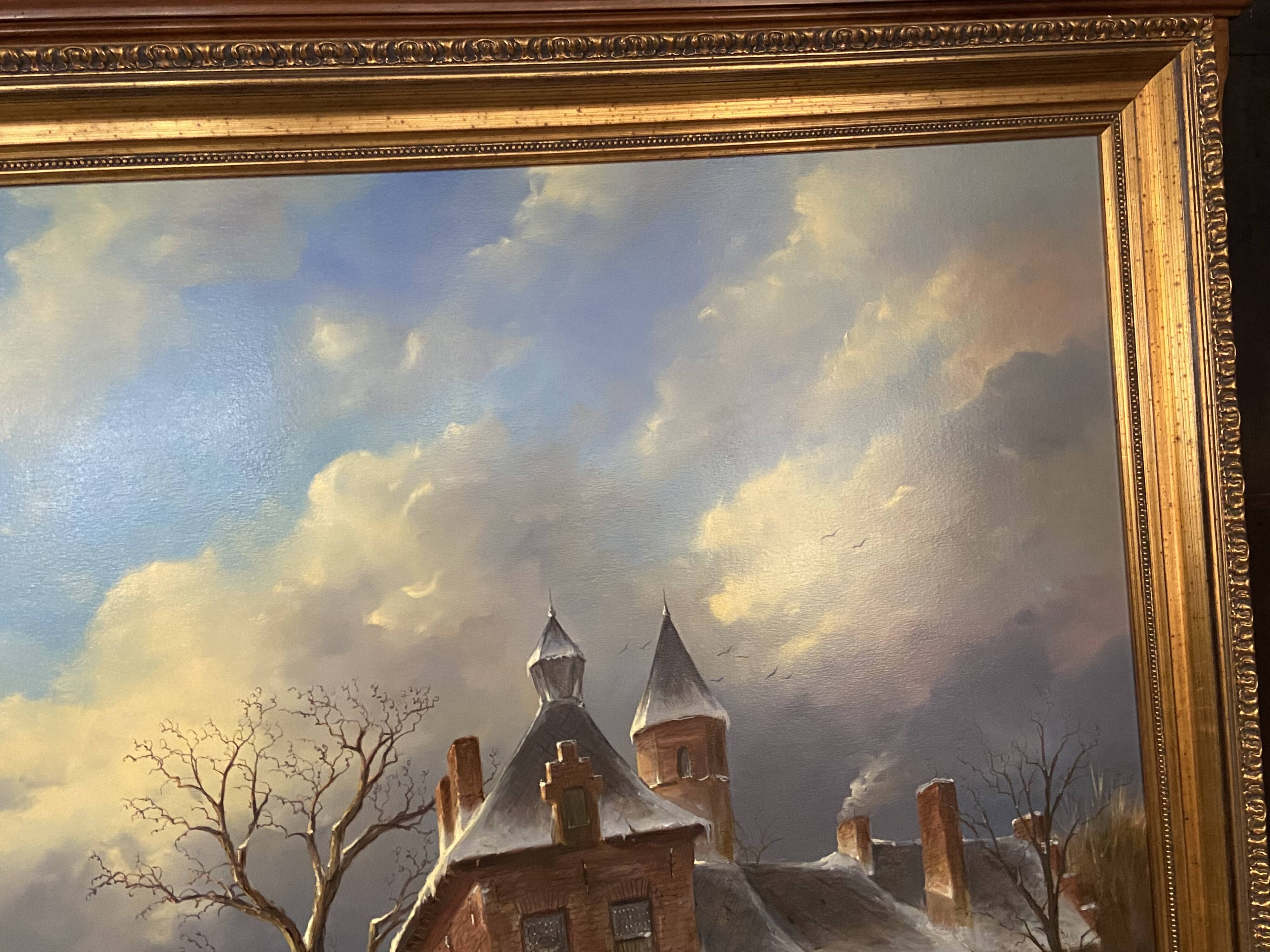 Huge oil painting on canvas Dutch school winter landscape 164x132
