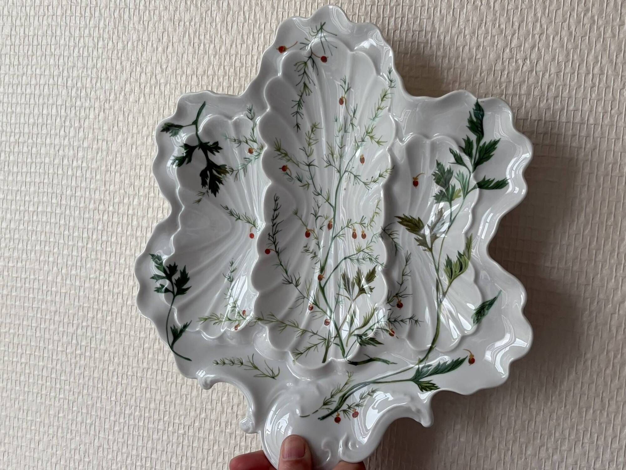 Limoges porcelain oyster plate BH, Art Nouveau botanical decoration.
