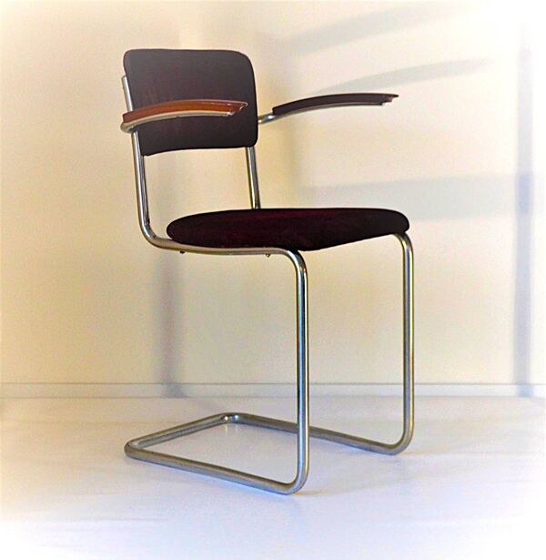 Chaise Bauhaus marron-rouge des années 1930 par W.H. Gispen