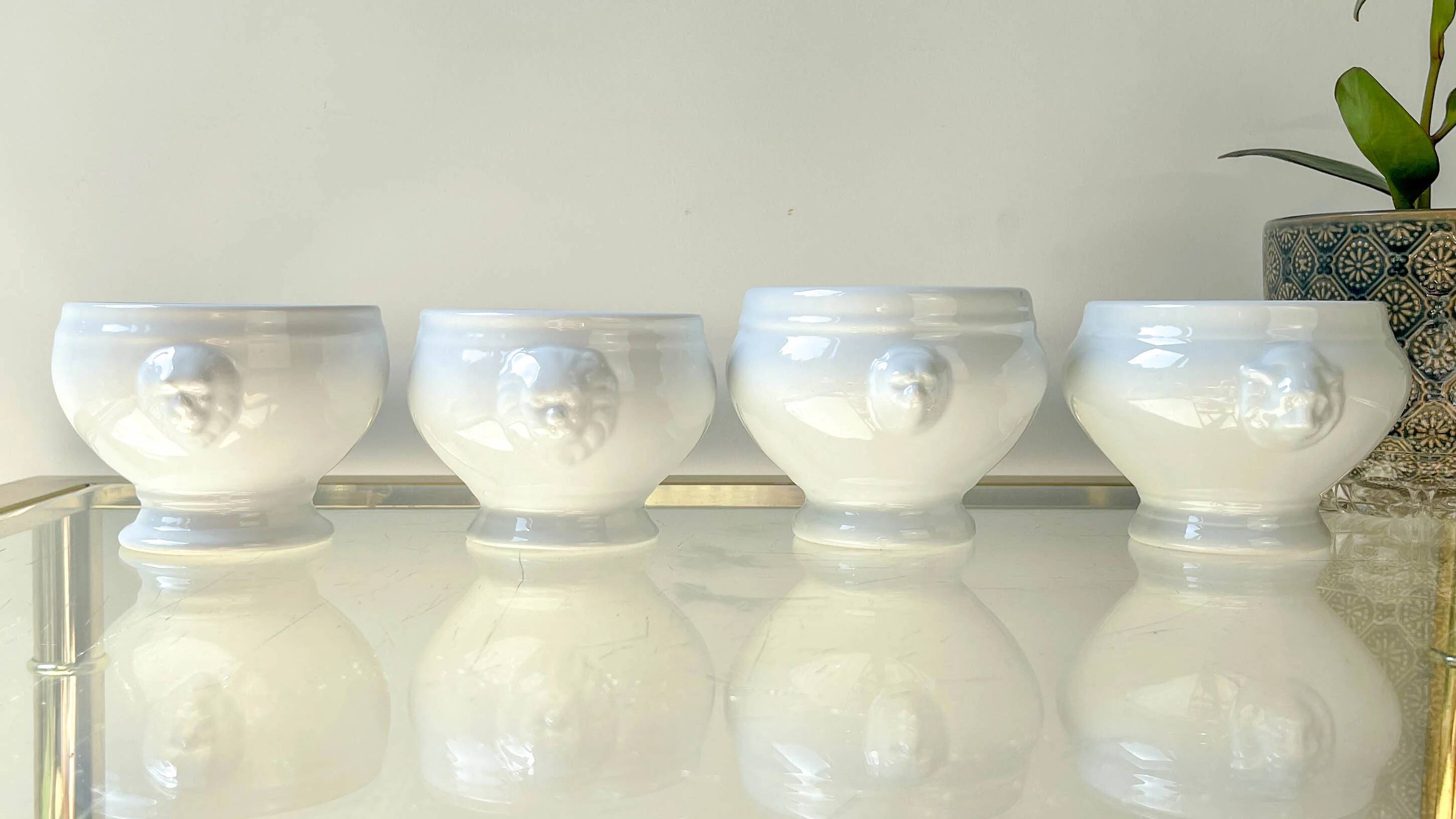 6 mismatched vintage porcelain lion head onion soup bowls - white, made in France