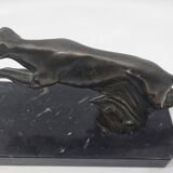 Pair of bookends, greyhounds in babbitt on black marble, Art Deco early 20th century