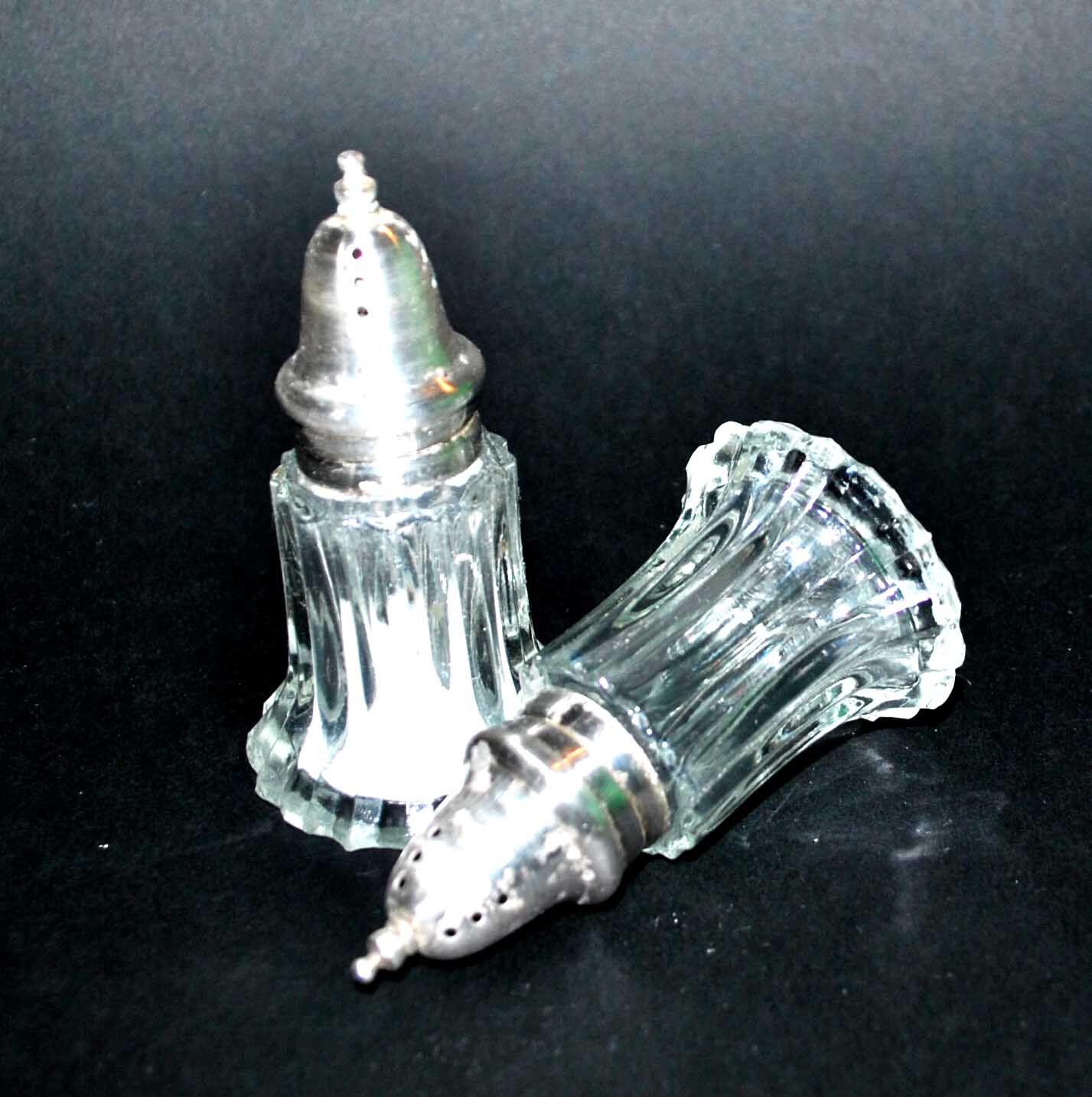 Vintage molded glass and silver metal salt shakers - salt pepper BISTROT