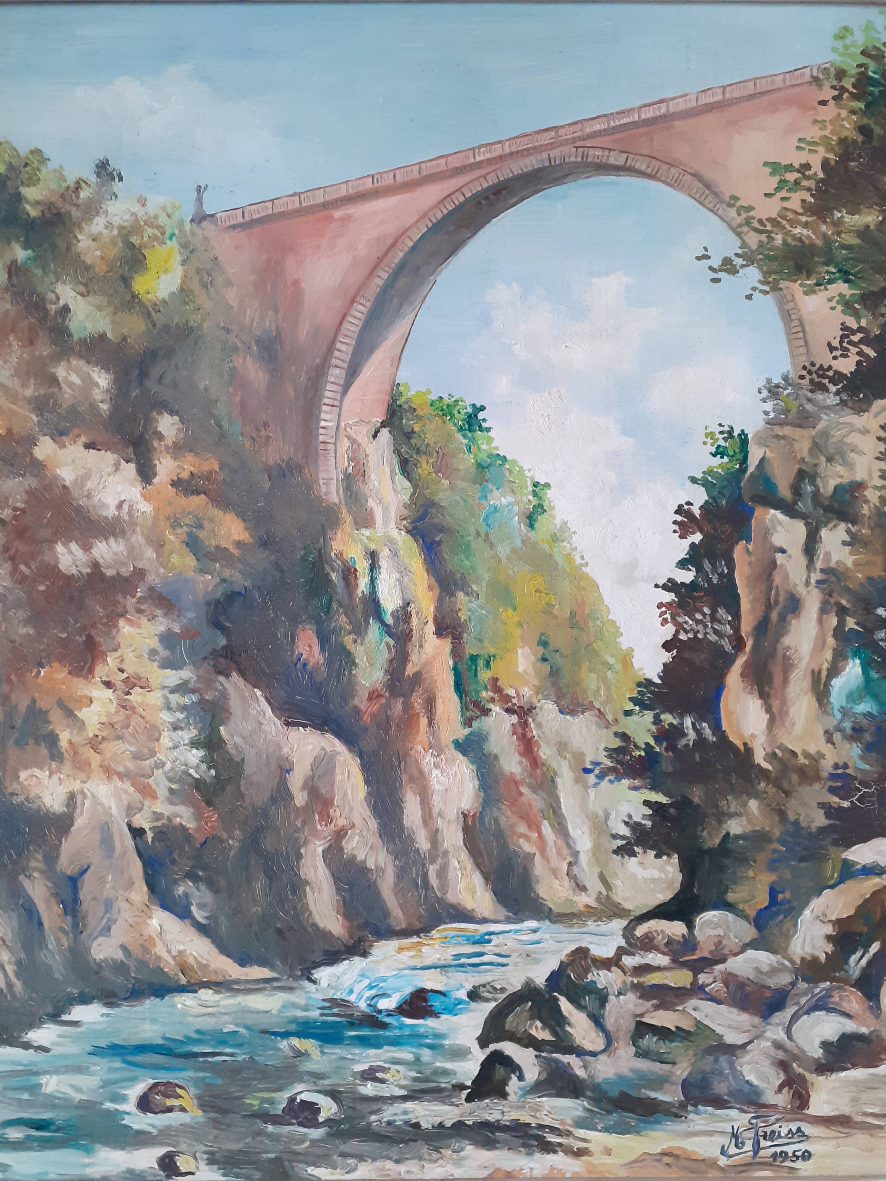 Painting Pont Napoléon Luz Saint Sauveur 1950 signed