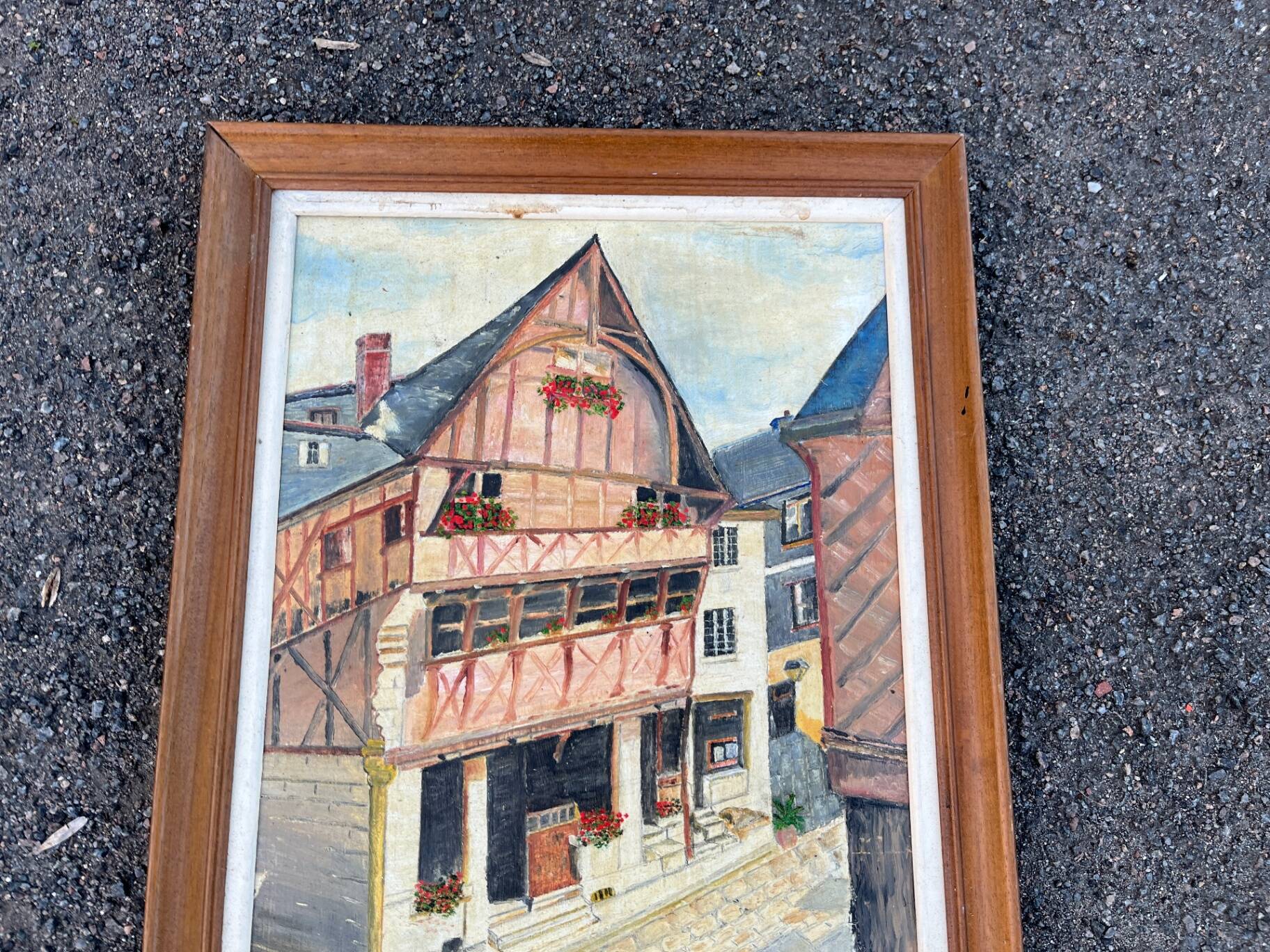 Oil table house half-timbered cobbled street - Breton Norman village