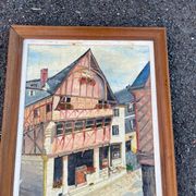 Oil table house half-timbered cobbled street - Breton Norman village