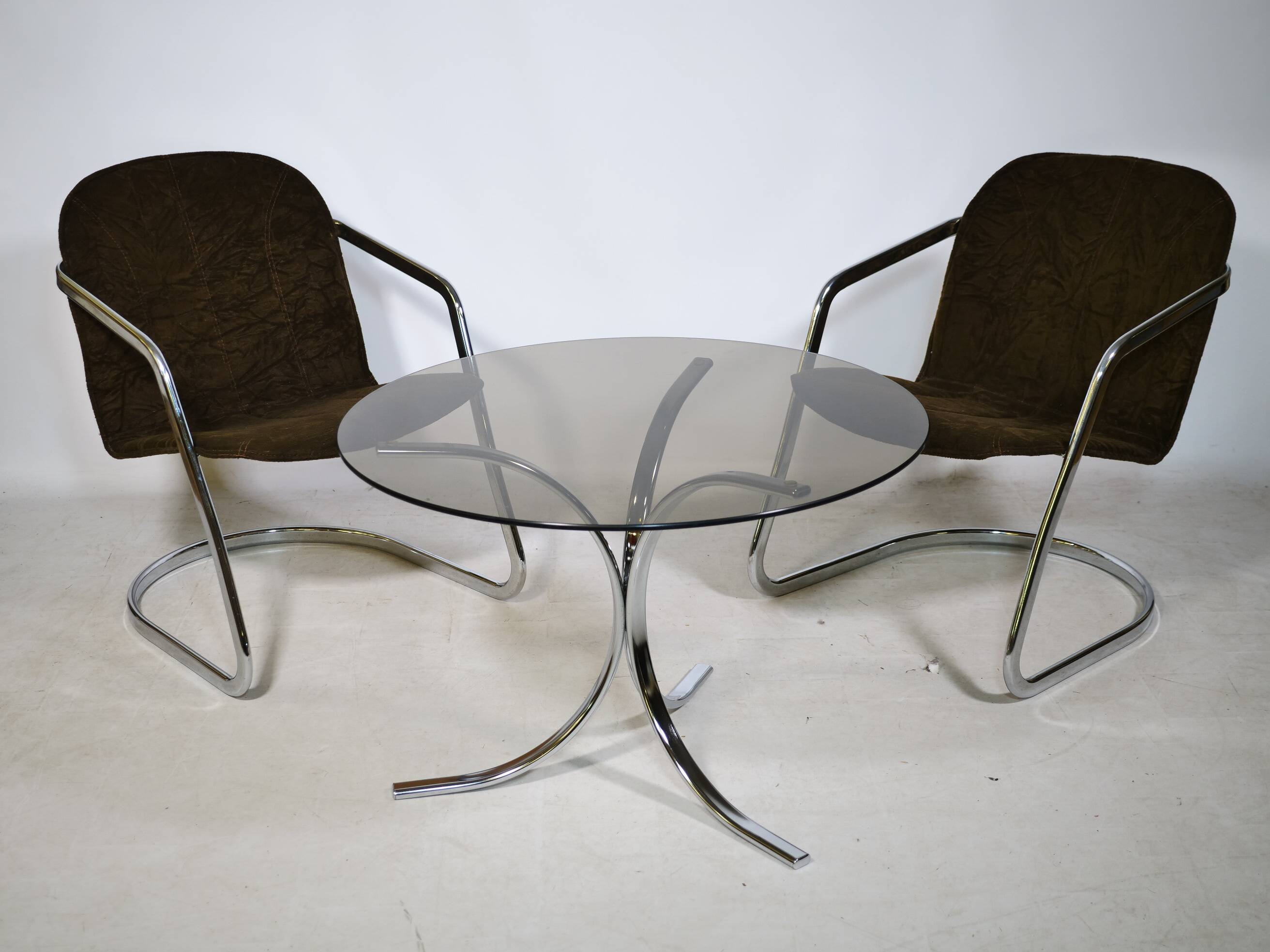Armchairs and Coffee Table in Chrome and Smoked Glass, Set of 3, 1970s