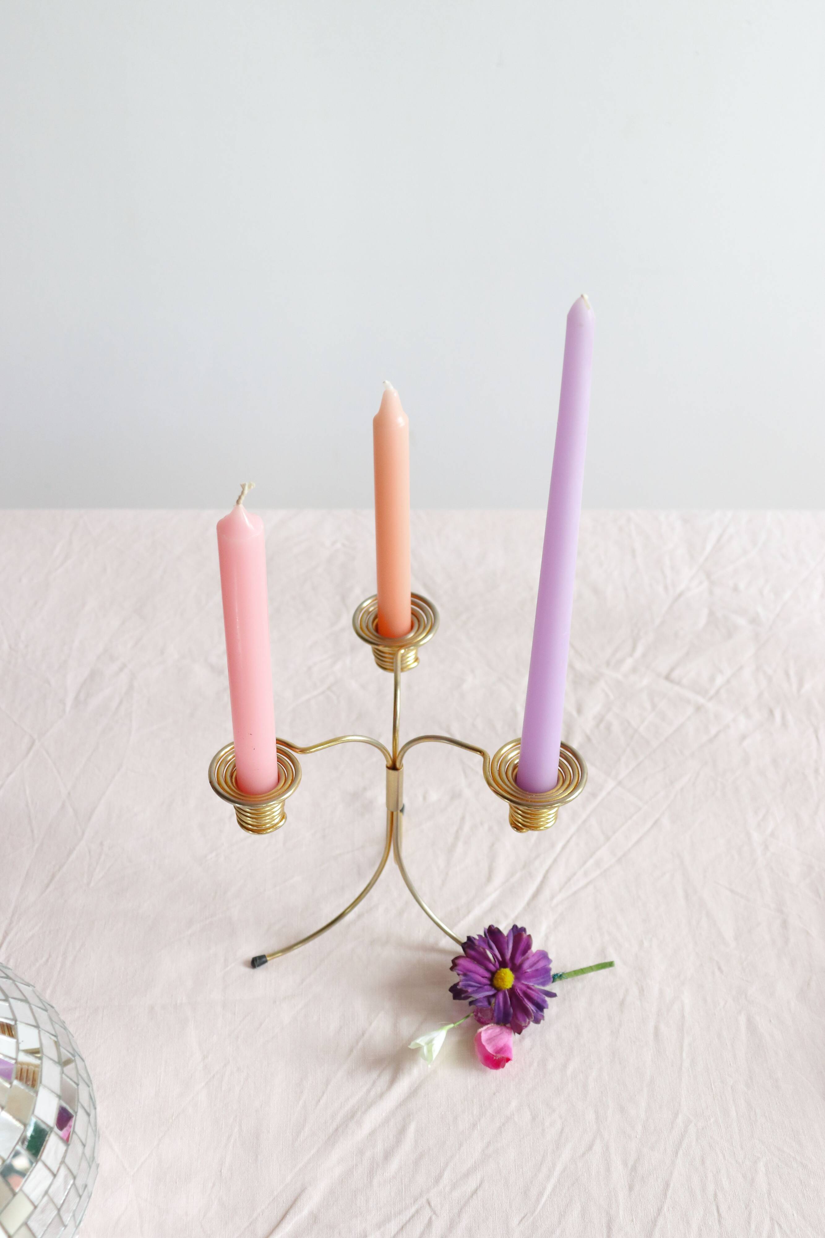 Pair of Vintage Rockabilly Style Gold Brass Spiral Tripod Candlestick Holders