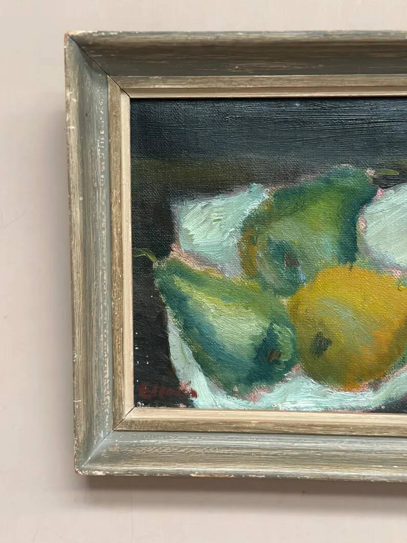 Swedish Original Oil on Panel – "Pears" by Elfrén – Signed – Vintage and Framed