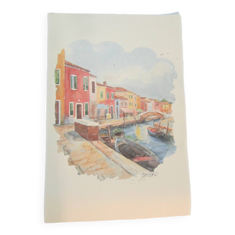 Rare watercolor mario carraro * burano venice italy,vintage * signed