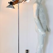 Three-light floor lamp in wood and chrome metal, Spain 1970s.