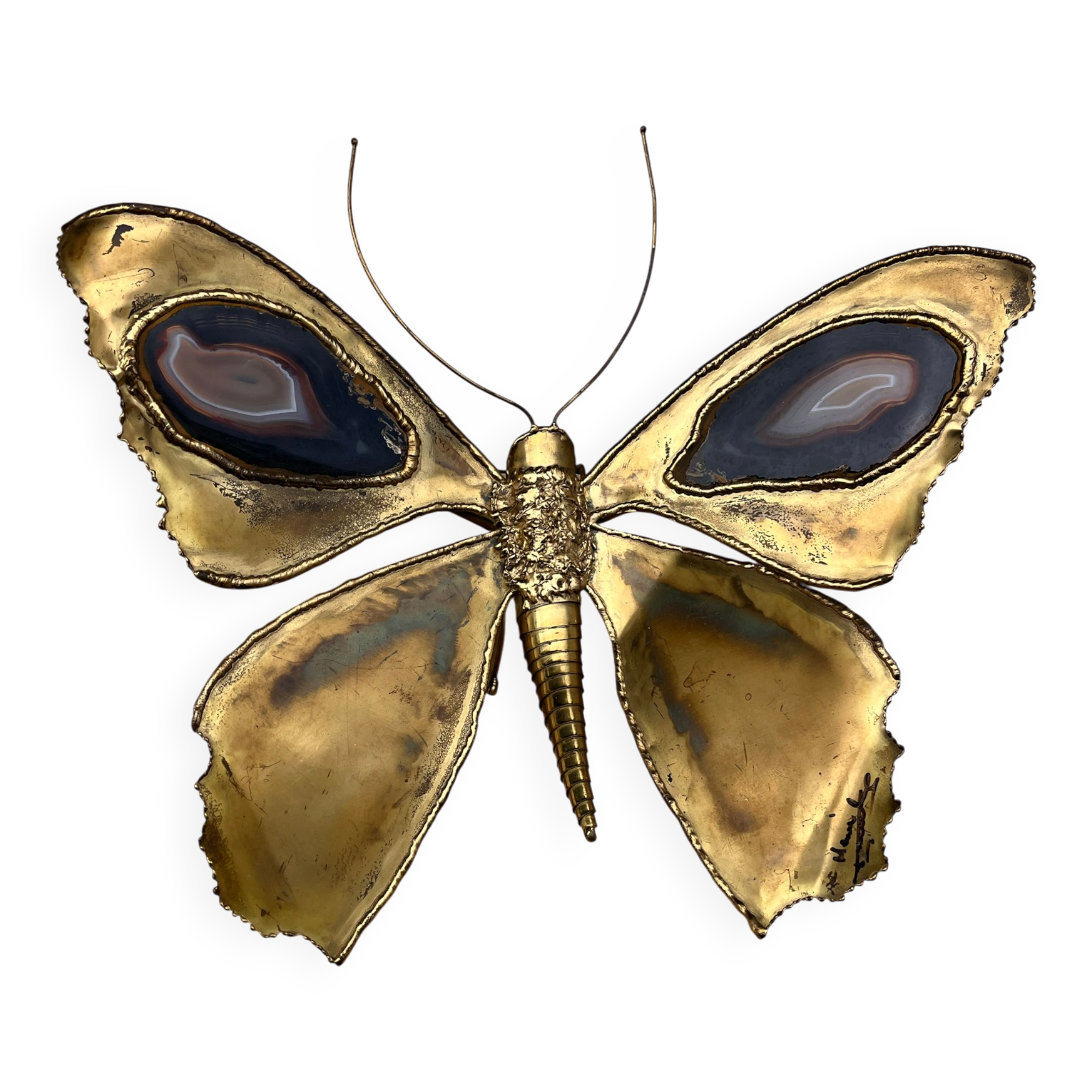 Butterfly wall light Henri Fernandez brass and agate