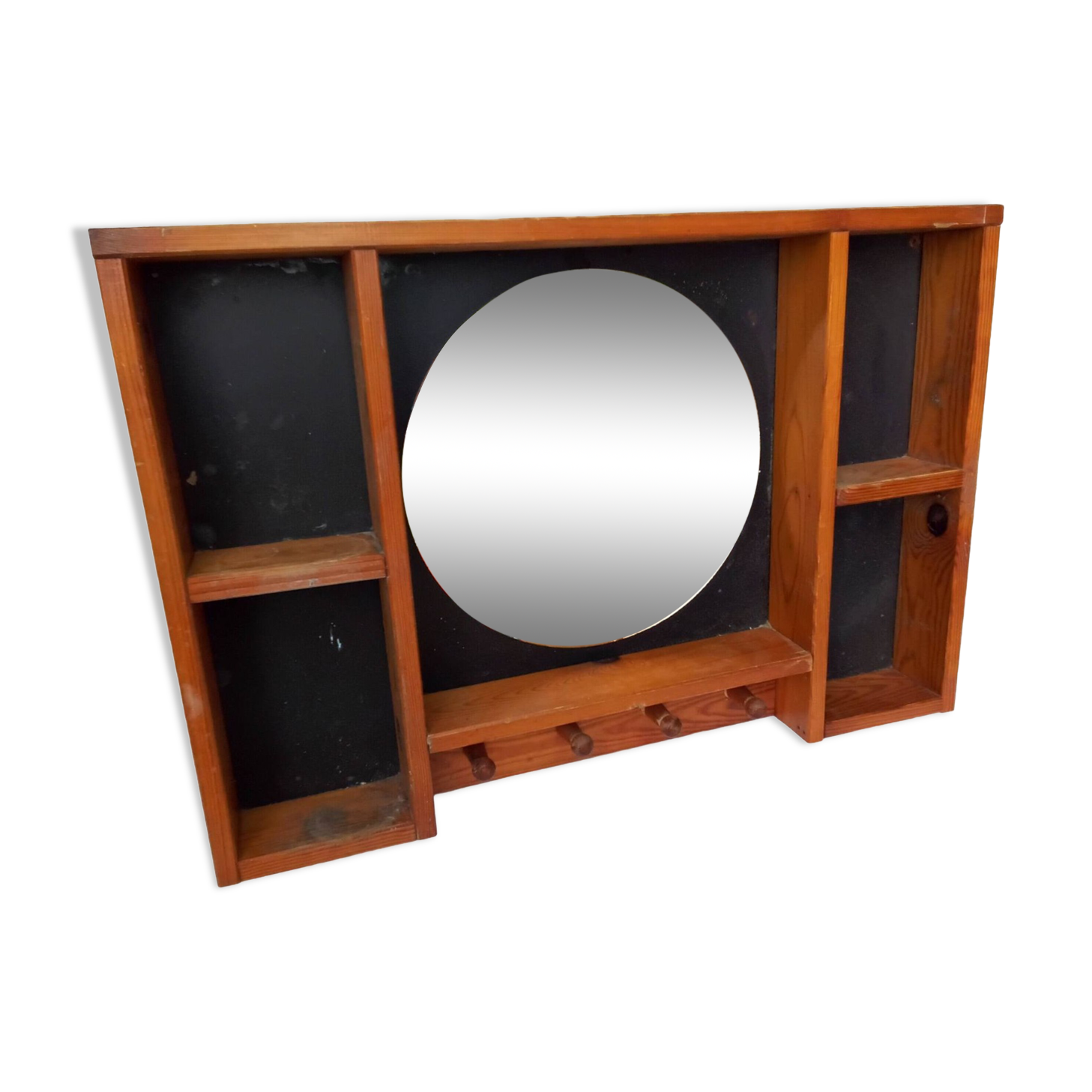 Étagère bois miroir rond année 80
