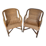 Set of 2 vintage rattan and wicker armchairs