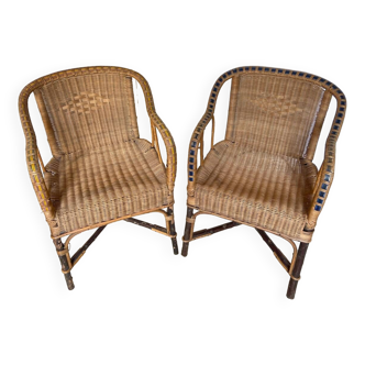 Set of 2 vintage rattan and wicker armchairs