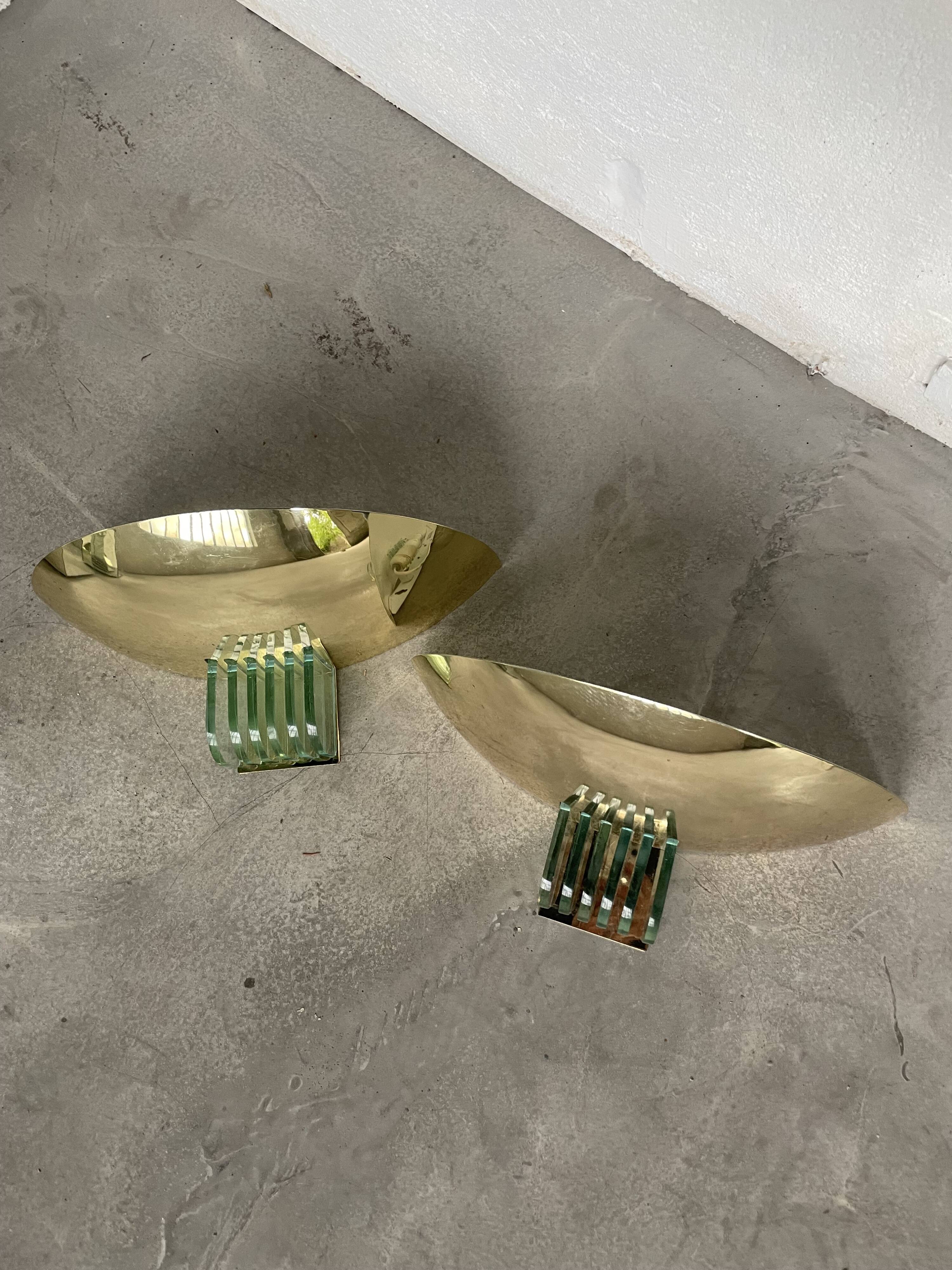 Pair of brass and art deco glass wall lights SCE