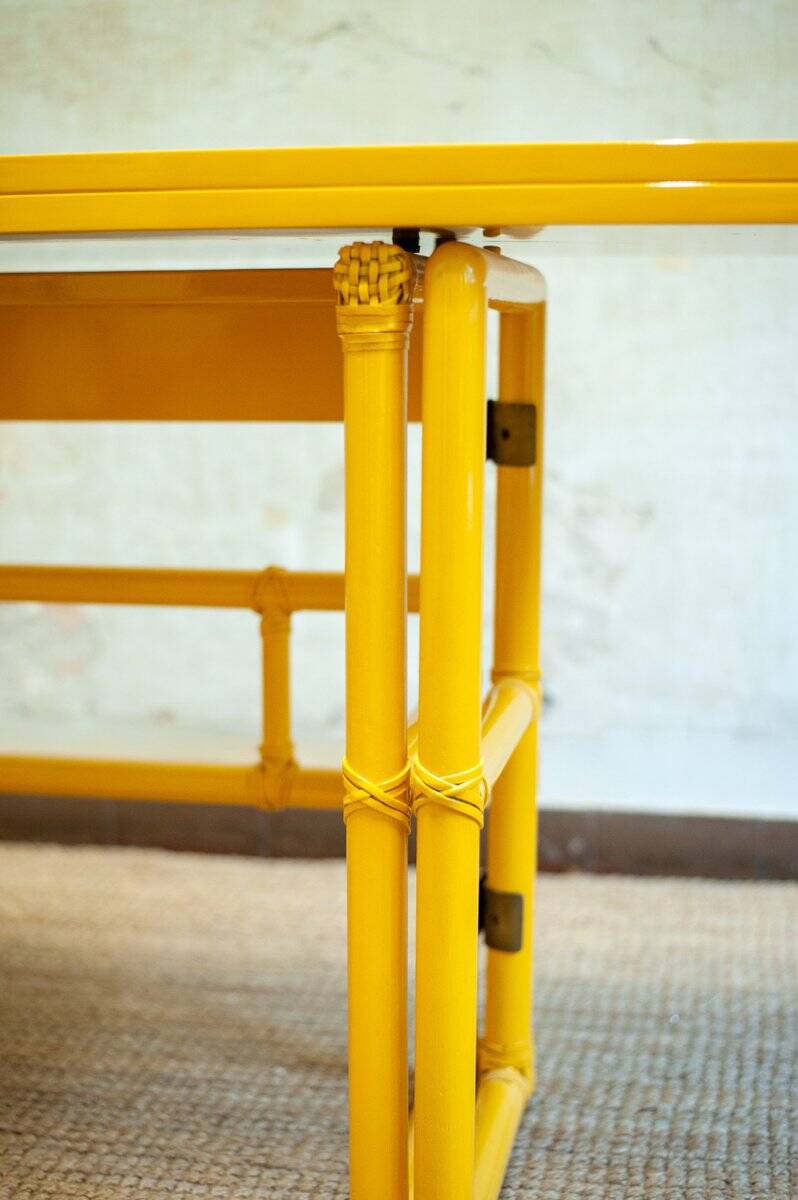 Yellow lacquered console with a flip-top surface by McGuire San Francisco, 1970s.