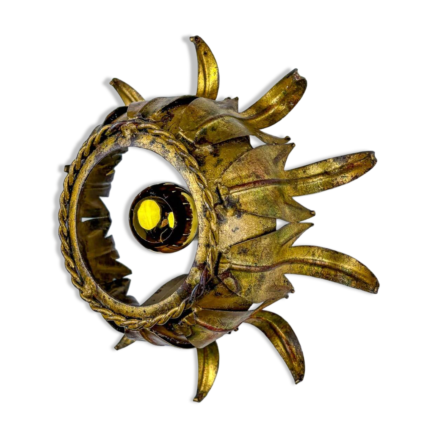 Sunburst ceiling light fixture or sconce in gilt wrought iron, Spain, 1960s