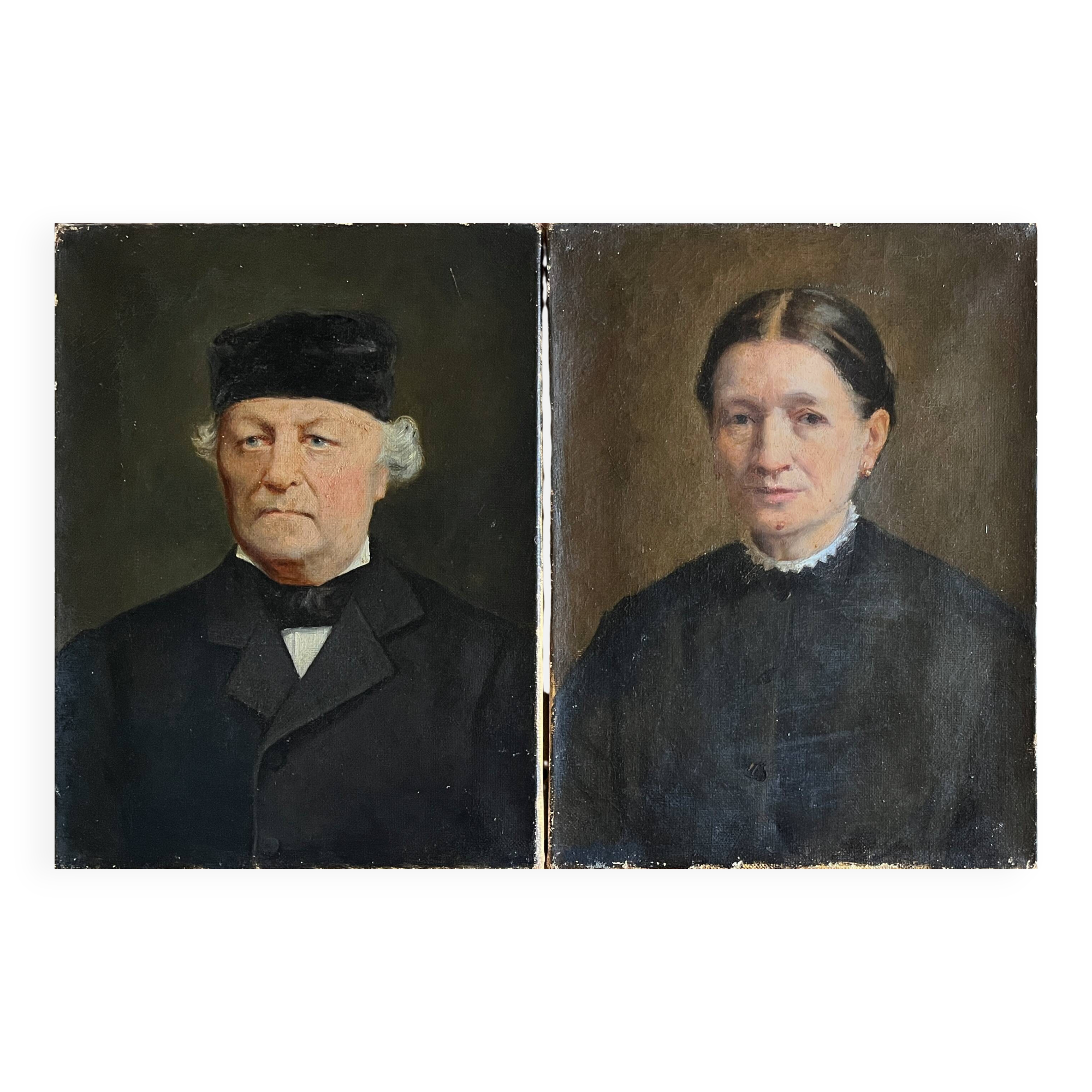 Tableau Pendant HST "portrait de couple" Famille XIX° siècle