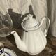 White earthenware teapot with blue and silver trim H22.5