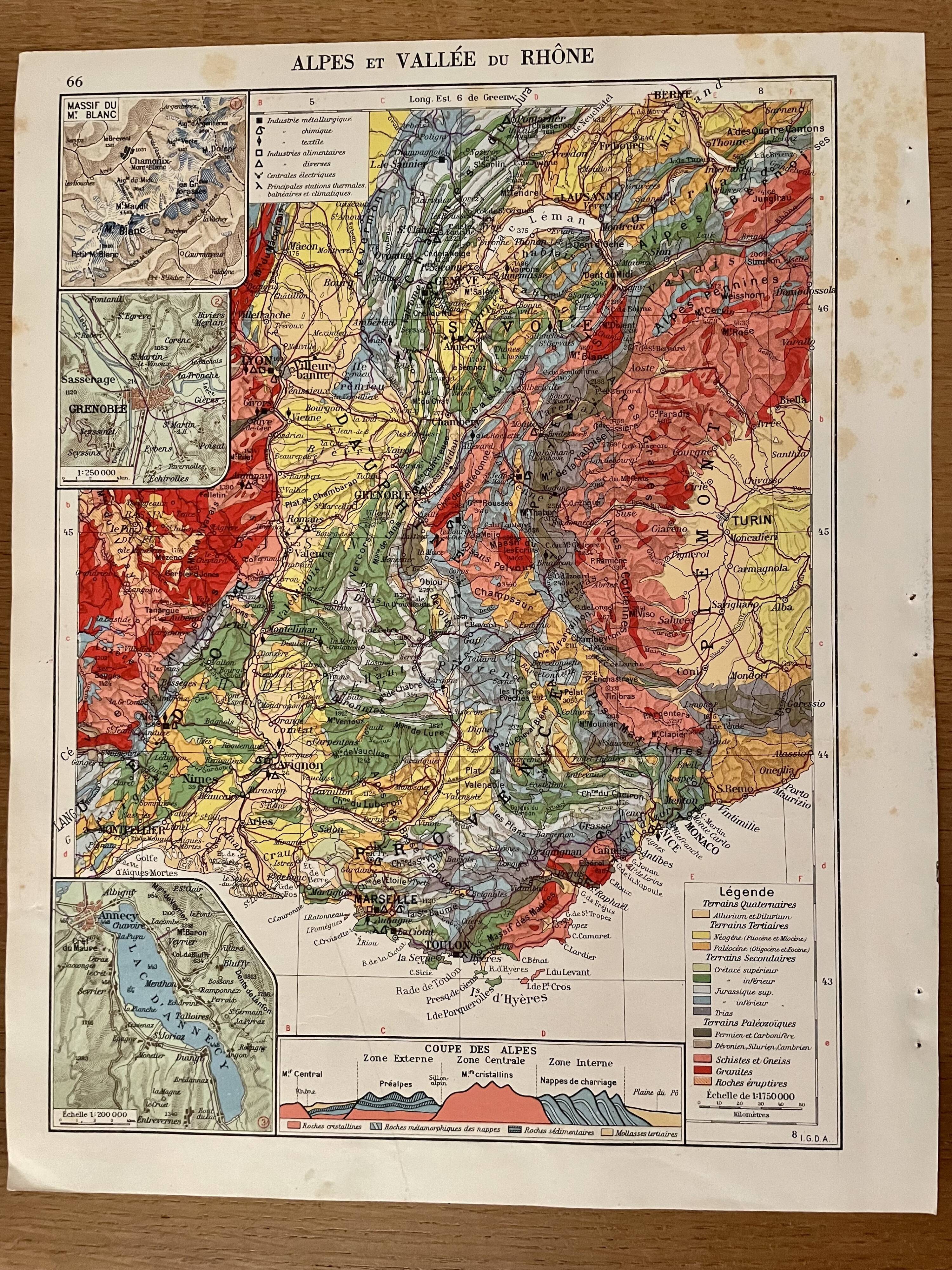 Map of the alps and rhone valley from 1945