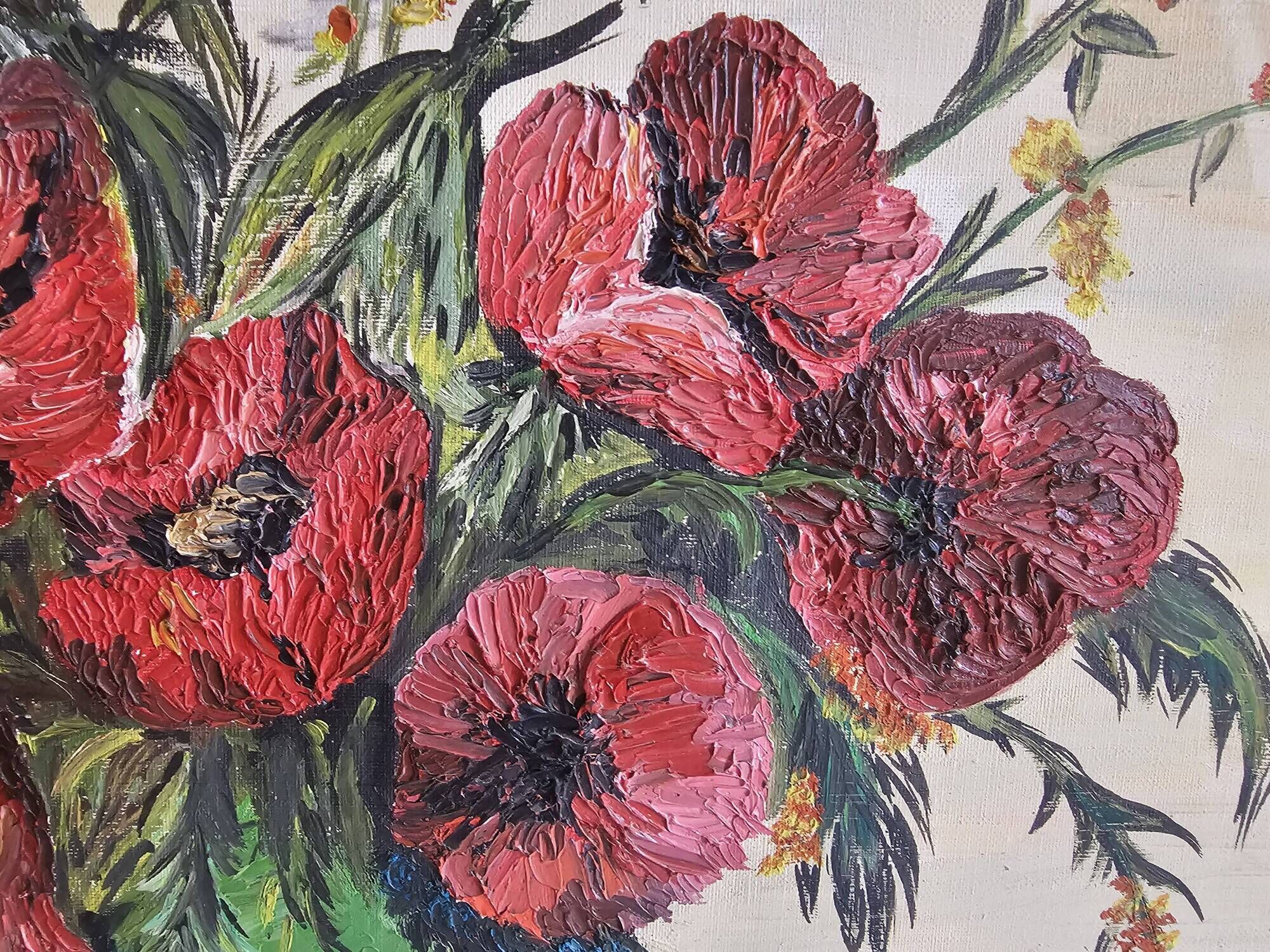 Oil on Canvas Knife Painting Still Life Flowers Poppies Signed M