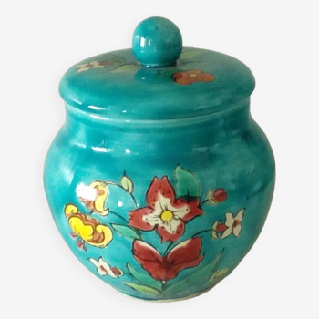 Limoges earthenware covered pot with floral enamel decoration