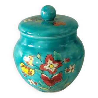 Limoges earthenware covered pot with floral enamel decoration