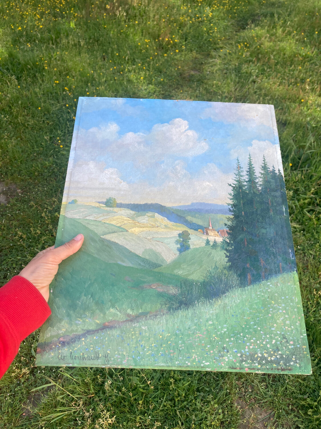 Old oil painting on wood panel / painting of a landscape